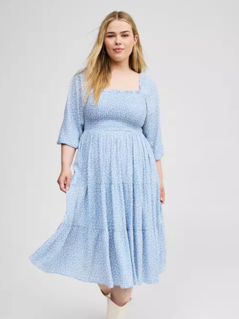 torrid Light Blue Polka Dot Square Neck Midi Dress